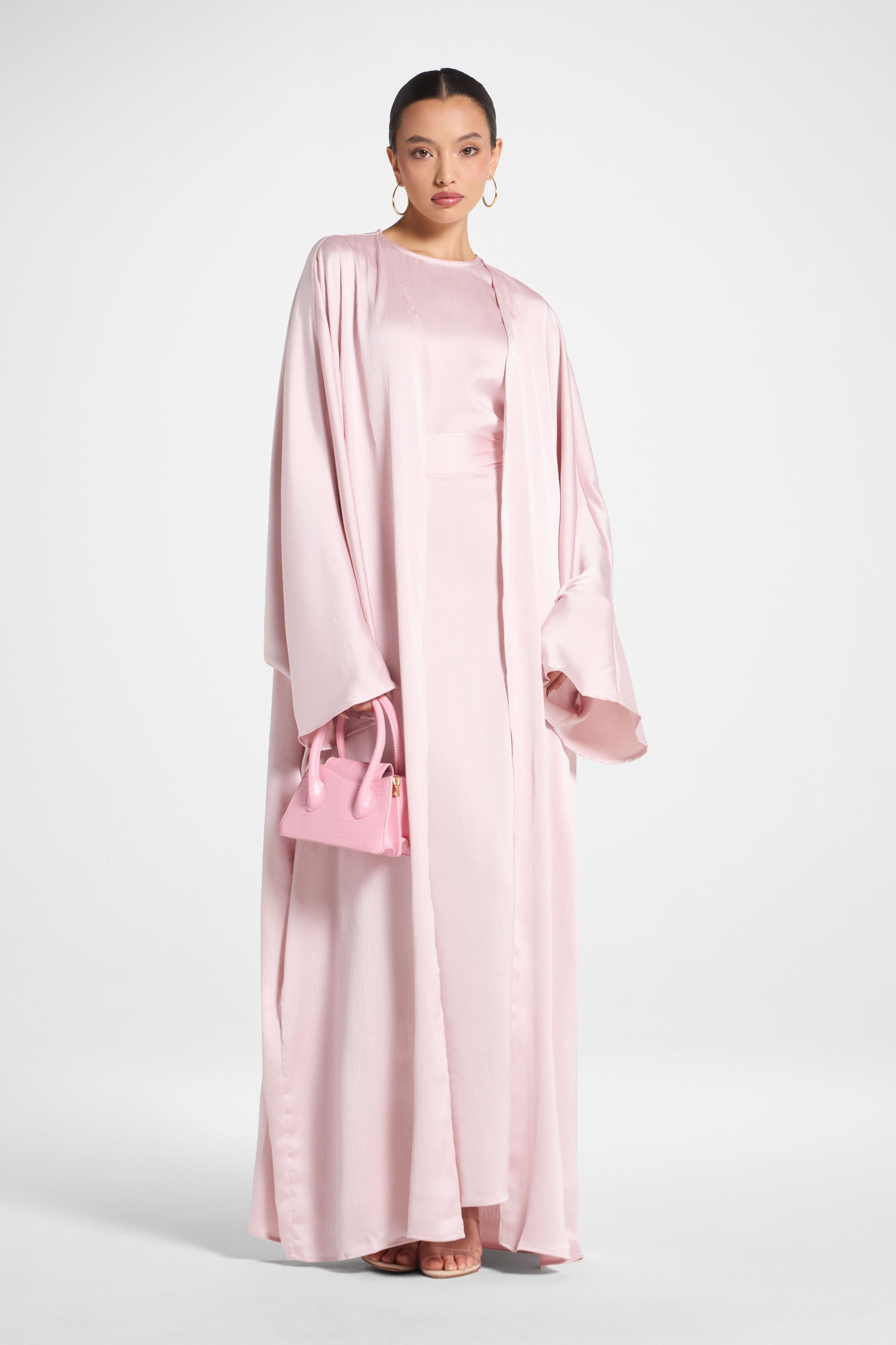 Ghada Satin Open Abaya & Dress Set - Pastel Pink