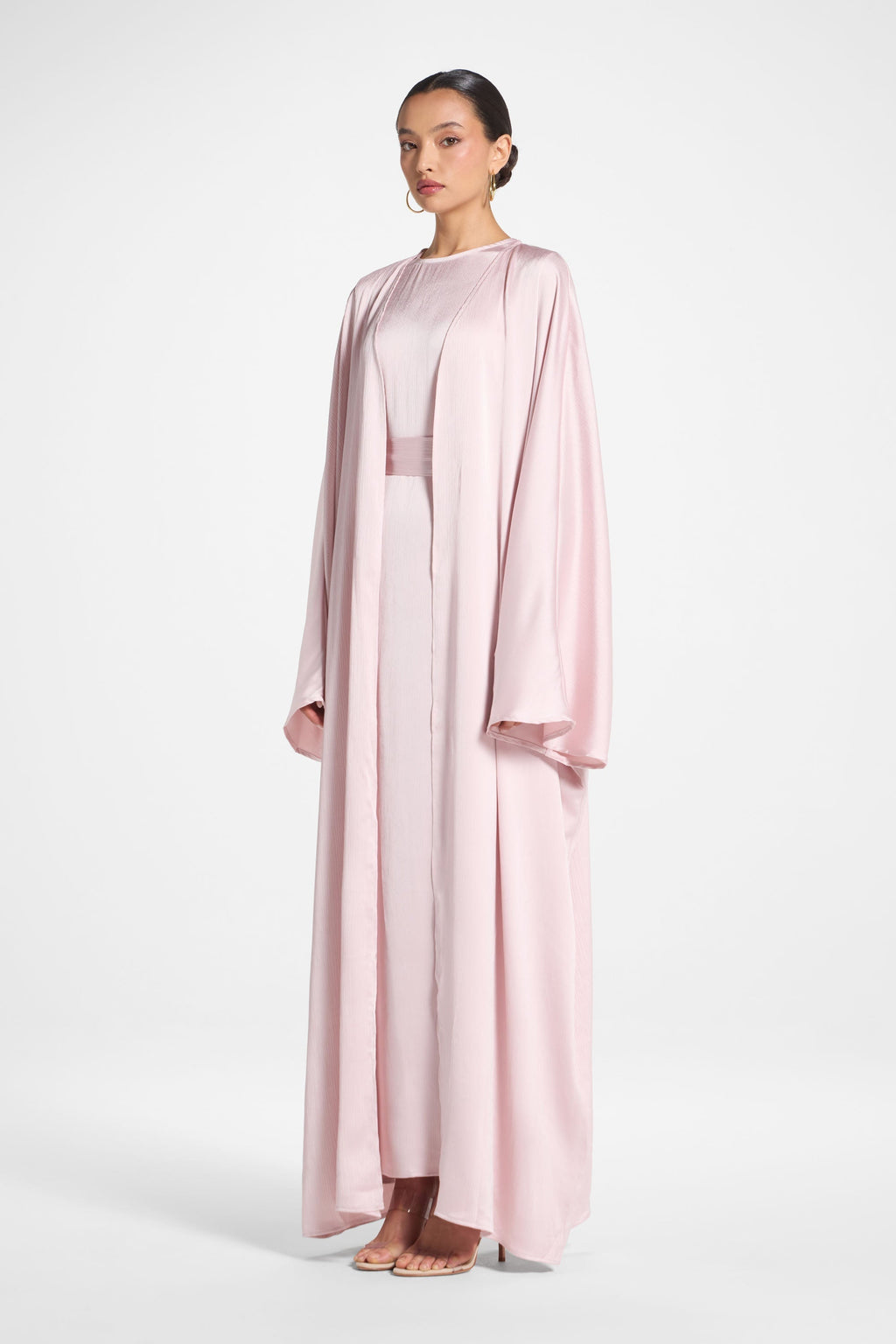 Ghada Satin Open Abaya & Dress Set - Pastel Pink