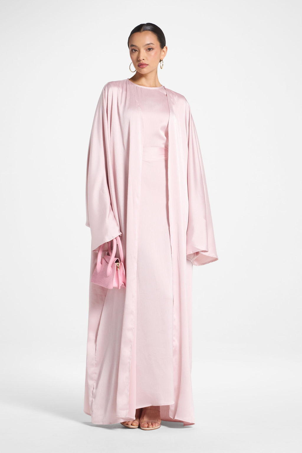 Ghada Satin Open Abaya & Dress Set - Pastel Pink