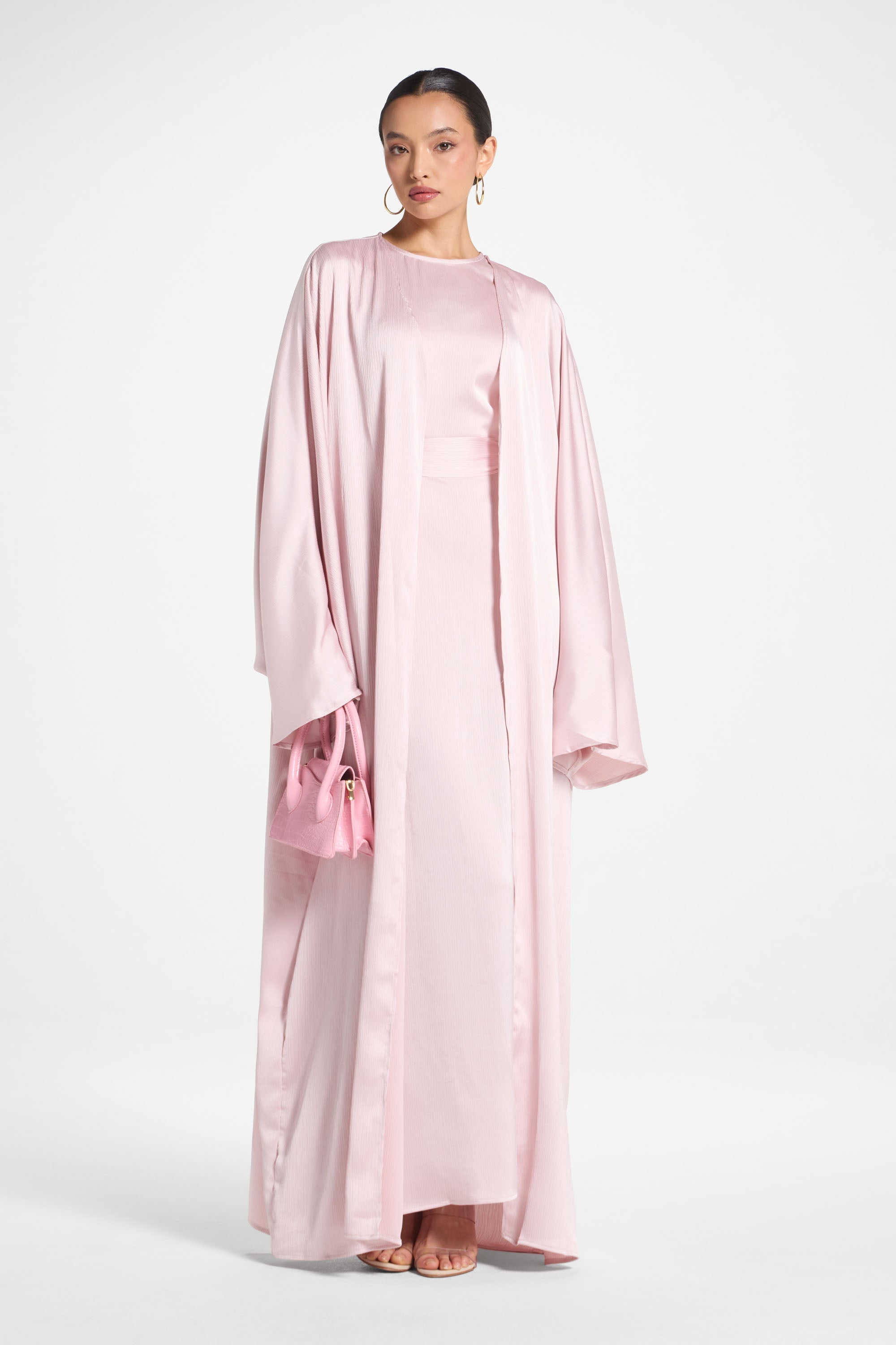 Ghada Satin Open Abaya & Dress Set - Pastel Pink
