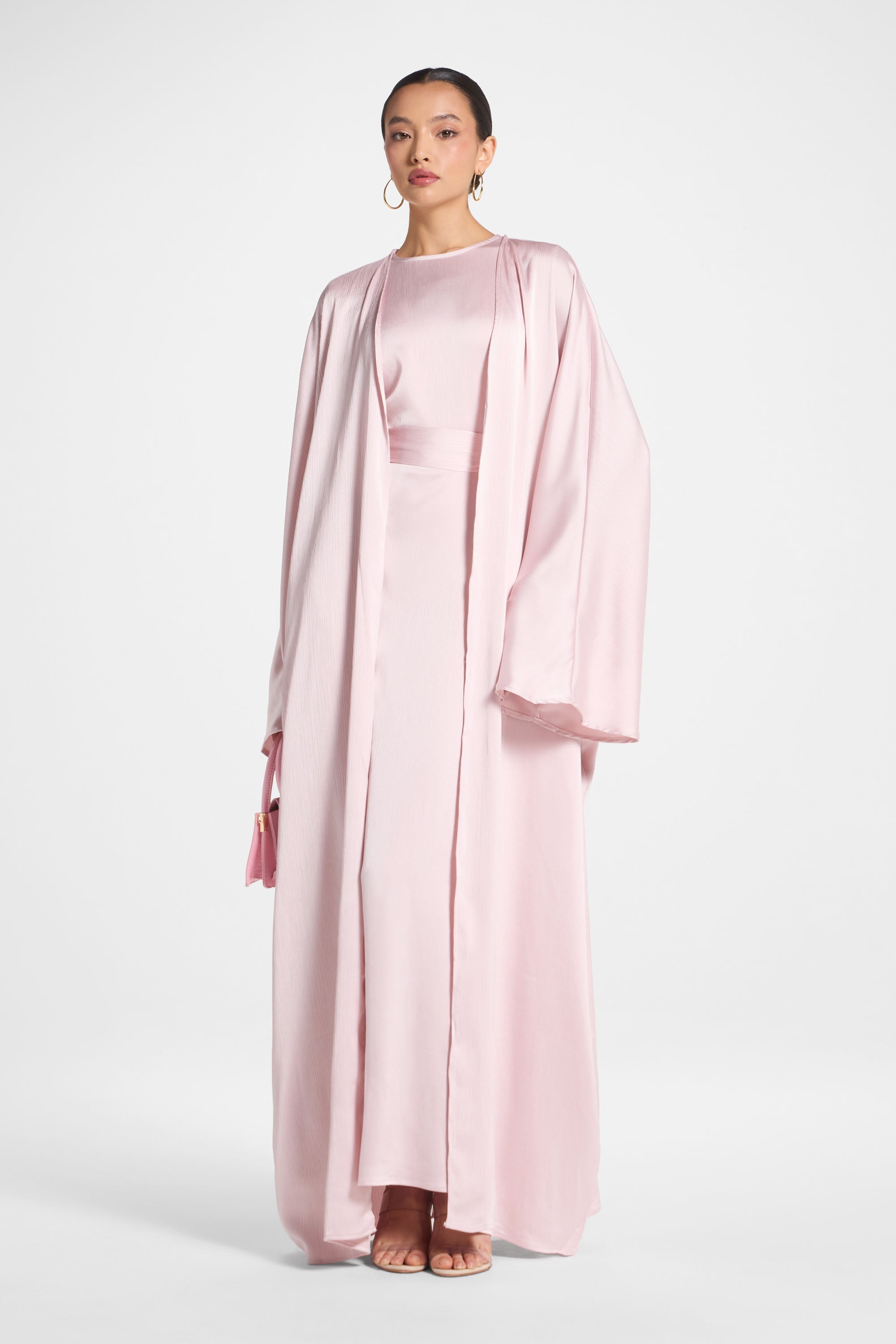 Ghada Satin Open Abaya & Dress Set - Pastel Pink