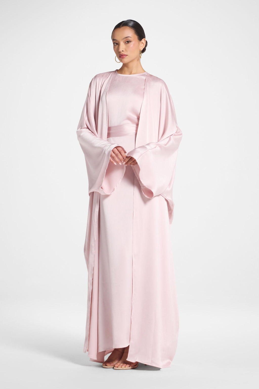 Ghada Satin Open Abaya & Dress Set - Pastel Pink
