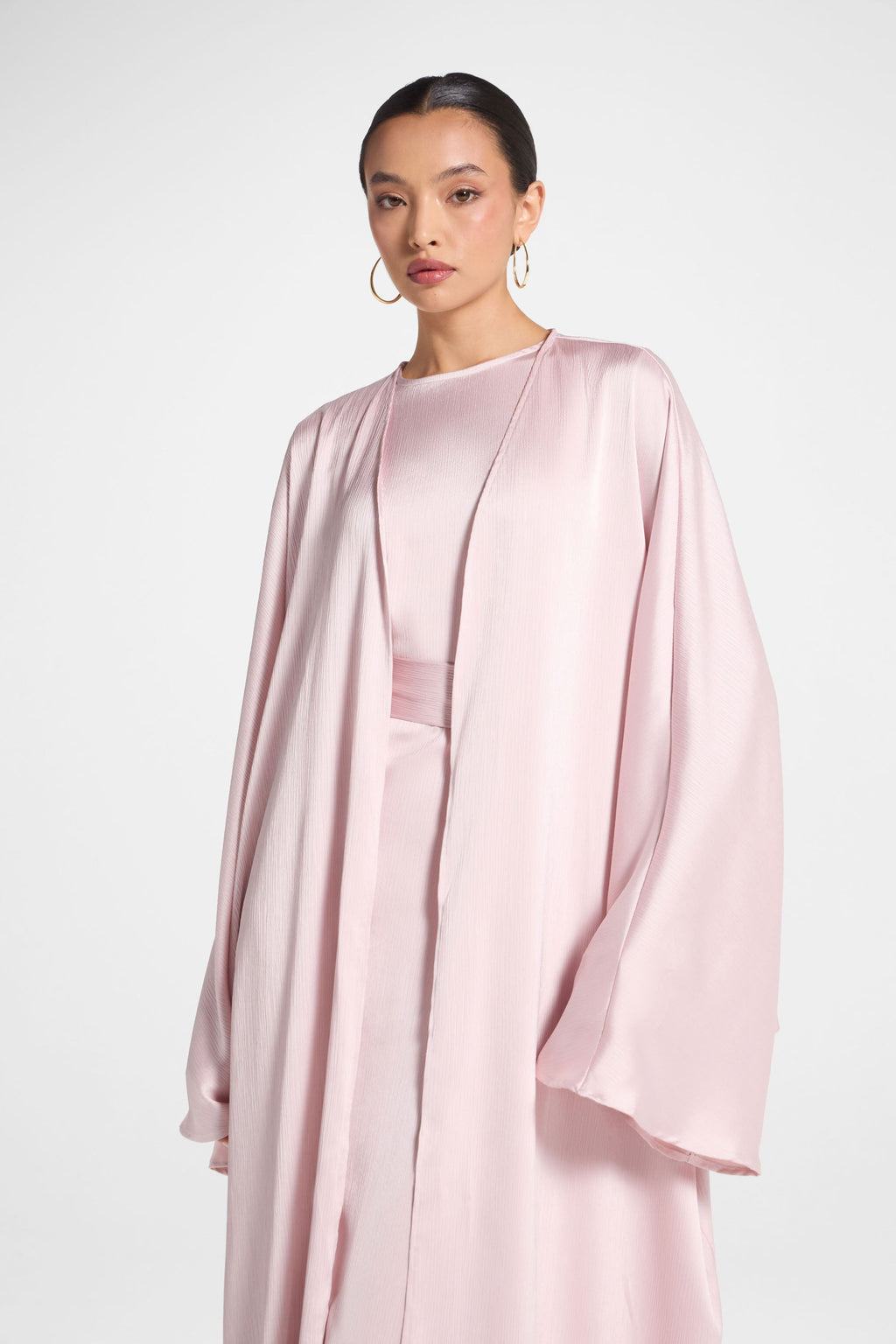 Ghada Satin Open Abaya & Dress Set - Pastel Pink