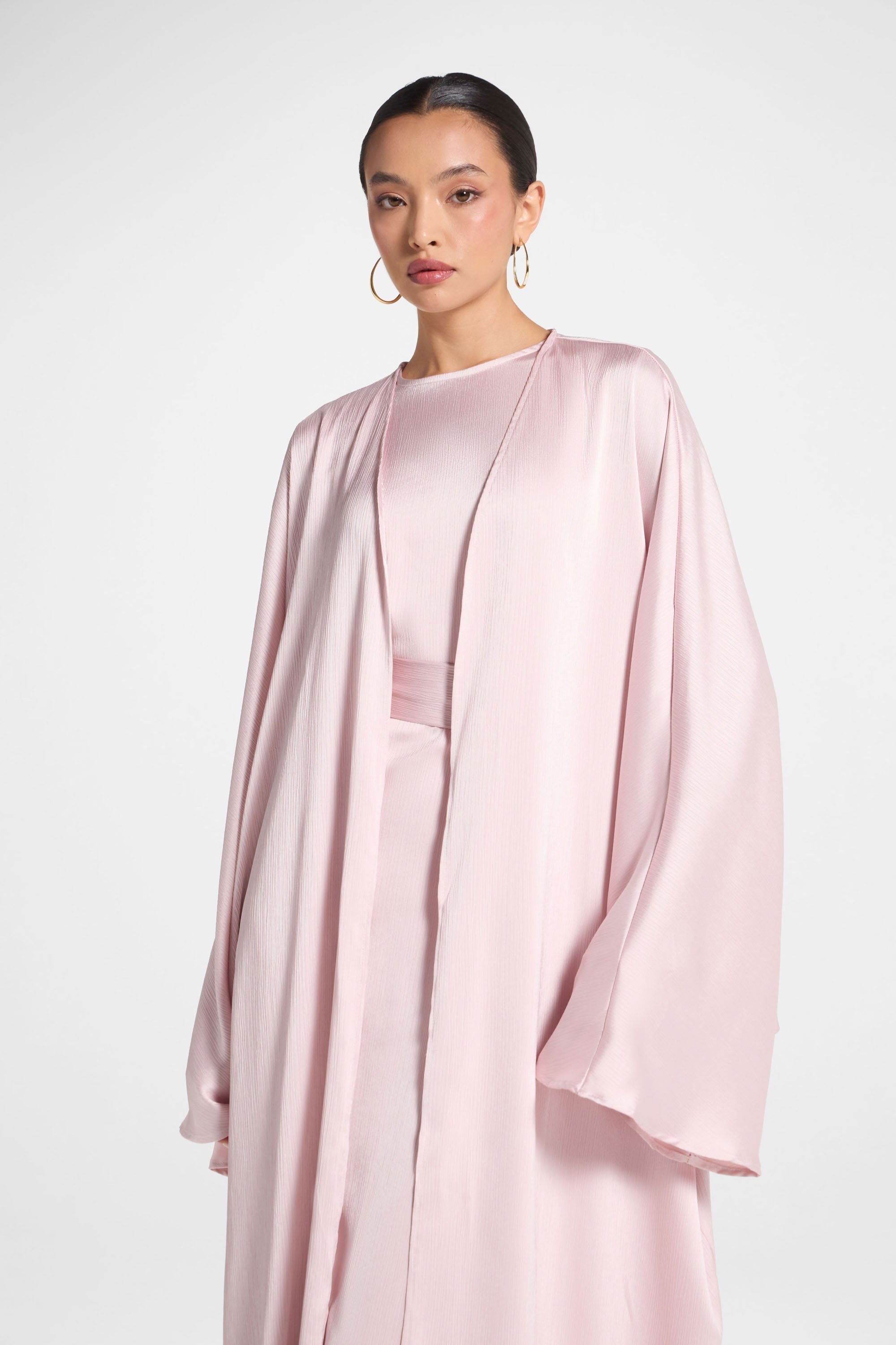 Ghada Satin Open Abaya & Dress Set - Pastel Pink