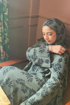 Floral Print Open Abaya & Matching Hijab Two-Piece Set-Green