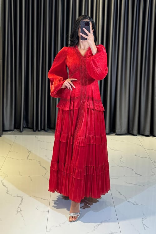 Luxury Rhinestone Embellished V-Neck Lace Patchwork Maxi Dress-Red