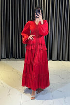 Luxury Rhinestone Embellished V-Neck Lace Patchwork Maxi Dress-Red