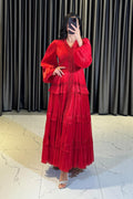 Luxury Rhinestone Embellished V-Neck Lace Patchwork Maxi Dress-Red