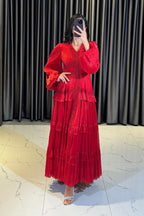 Luxury Rhinestone Embellished V-Neck Lace Patchwork Maxi Dress-Red