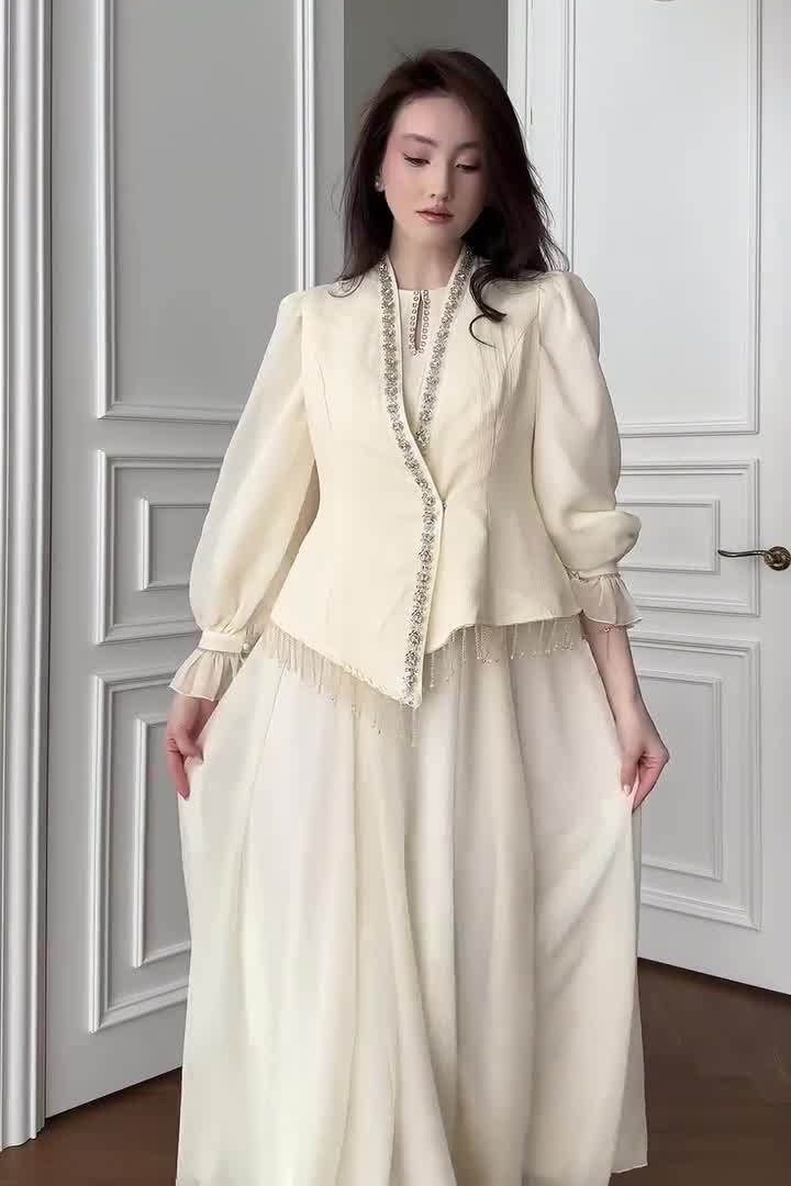 Mia Beaded Blazer Flowy Skirt Set