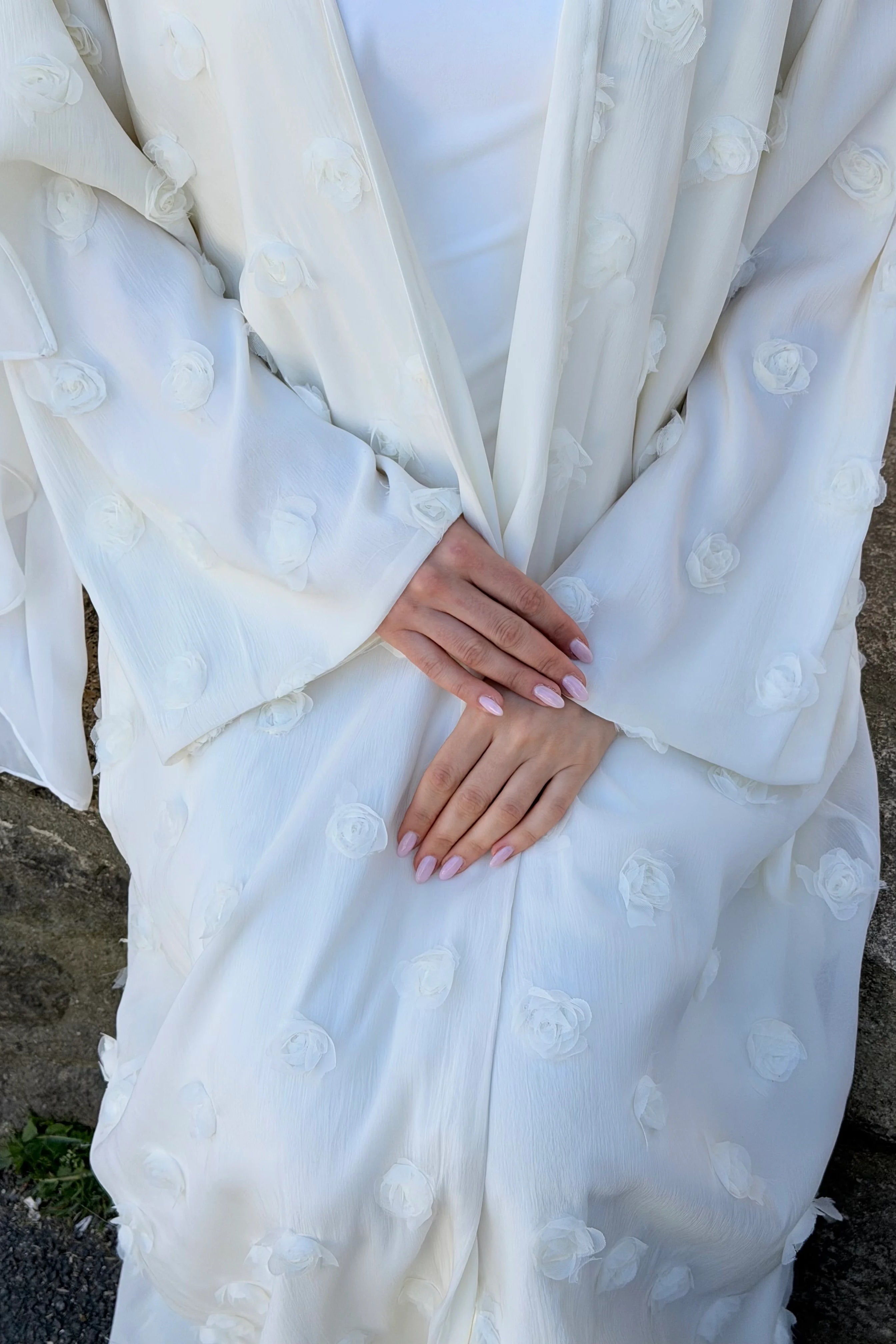 3D Floral Applique Open Abaya & Matching Hijab Two-Piece Set-White
