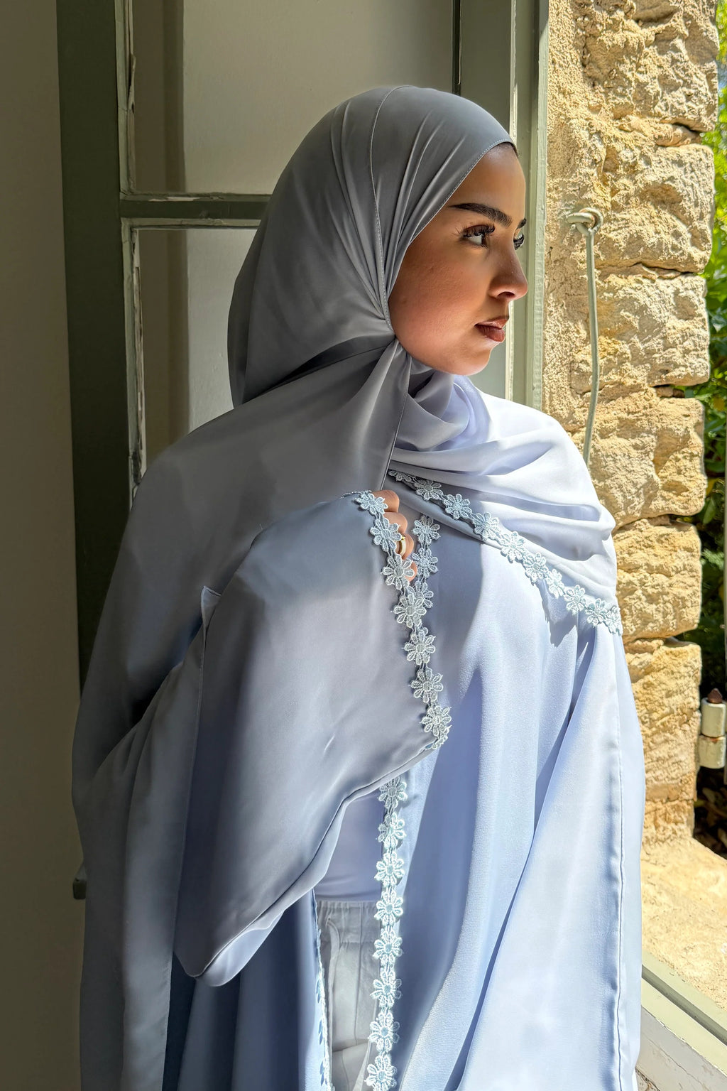 Floral Lace Trim Open Abaya & Matching Hijab Two-Piece Set-Blue