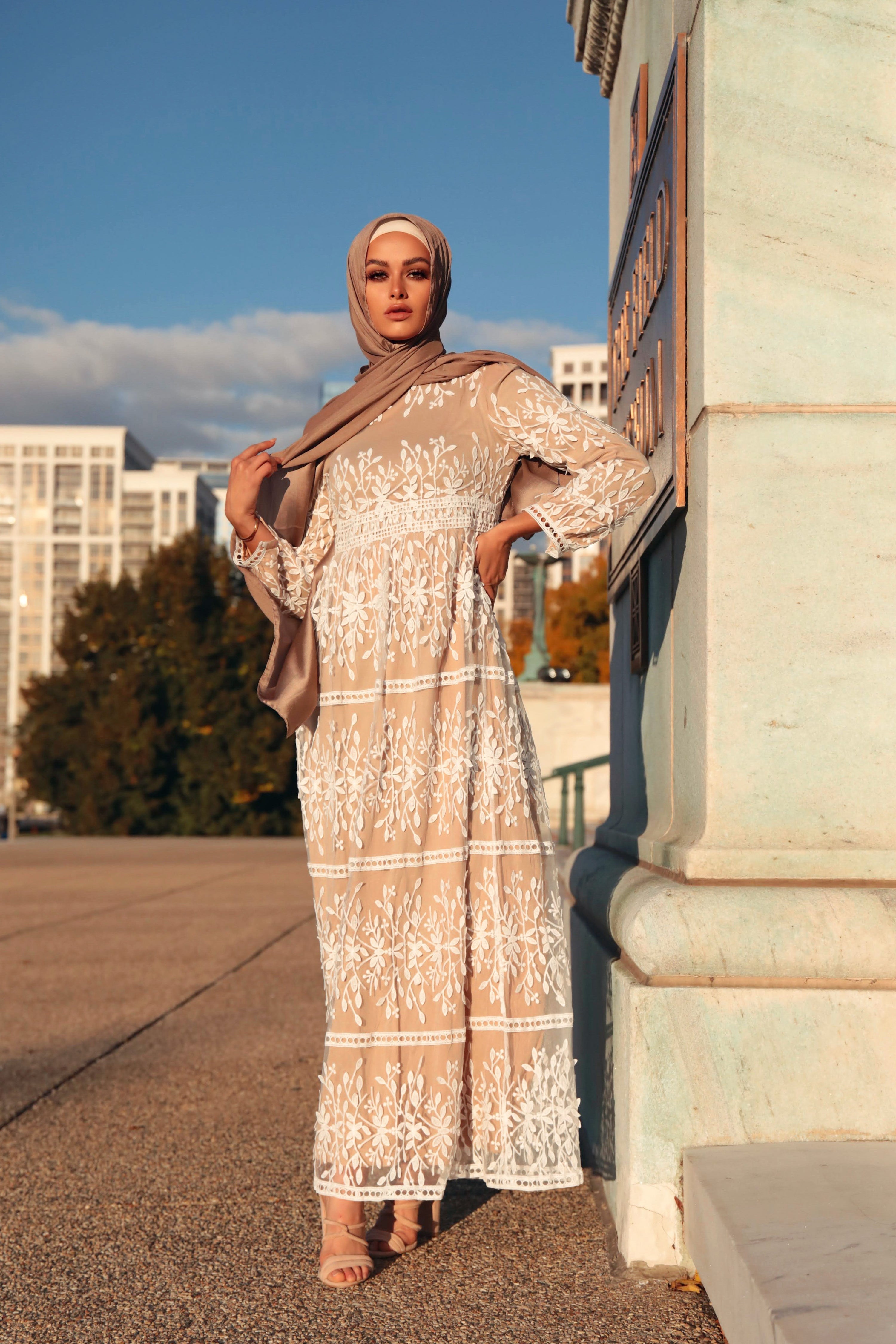 Sophisticated Botanical Lace Overlay Evening Abaya