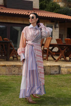 Stripe Button Down Lantern Sleeve Dress