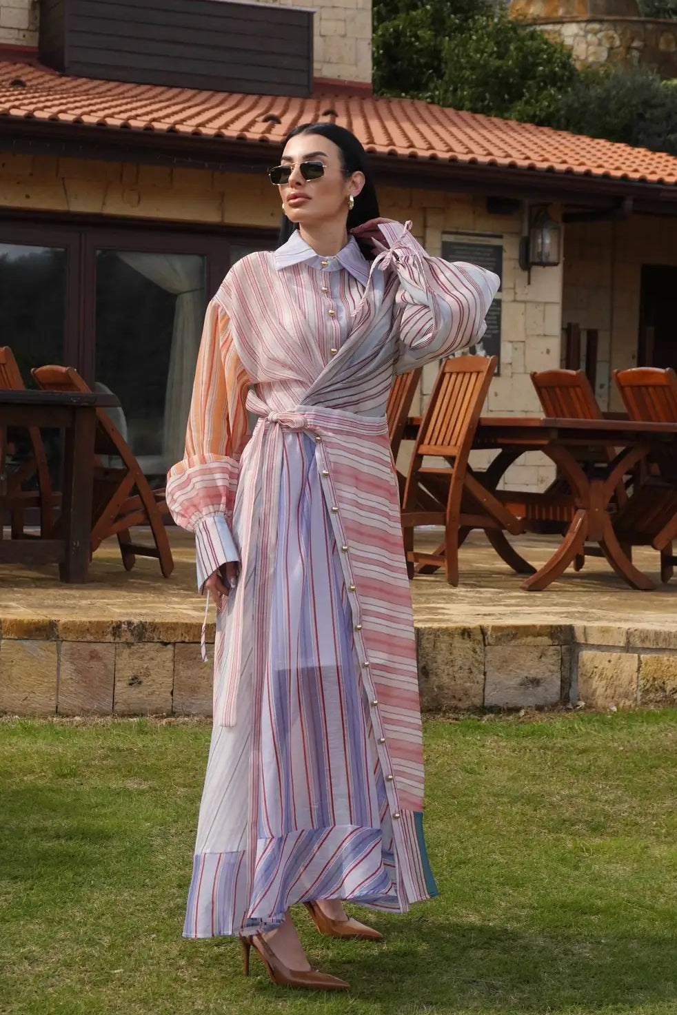 Stripe Button Down Lantern Sleeve Dress