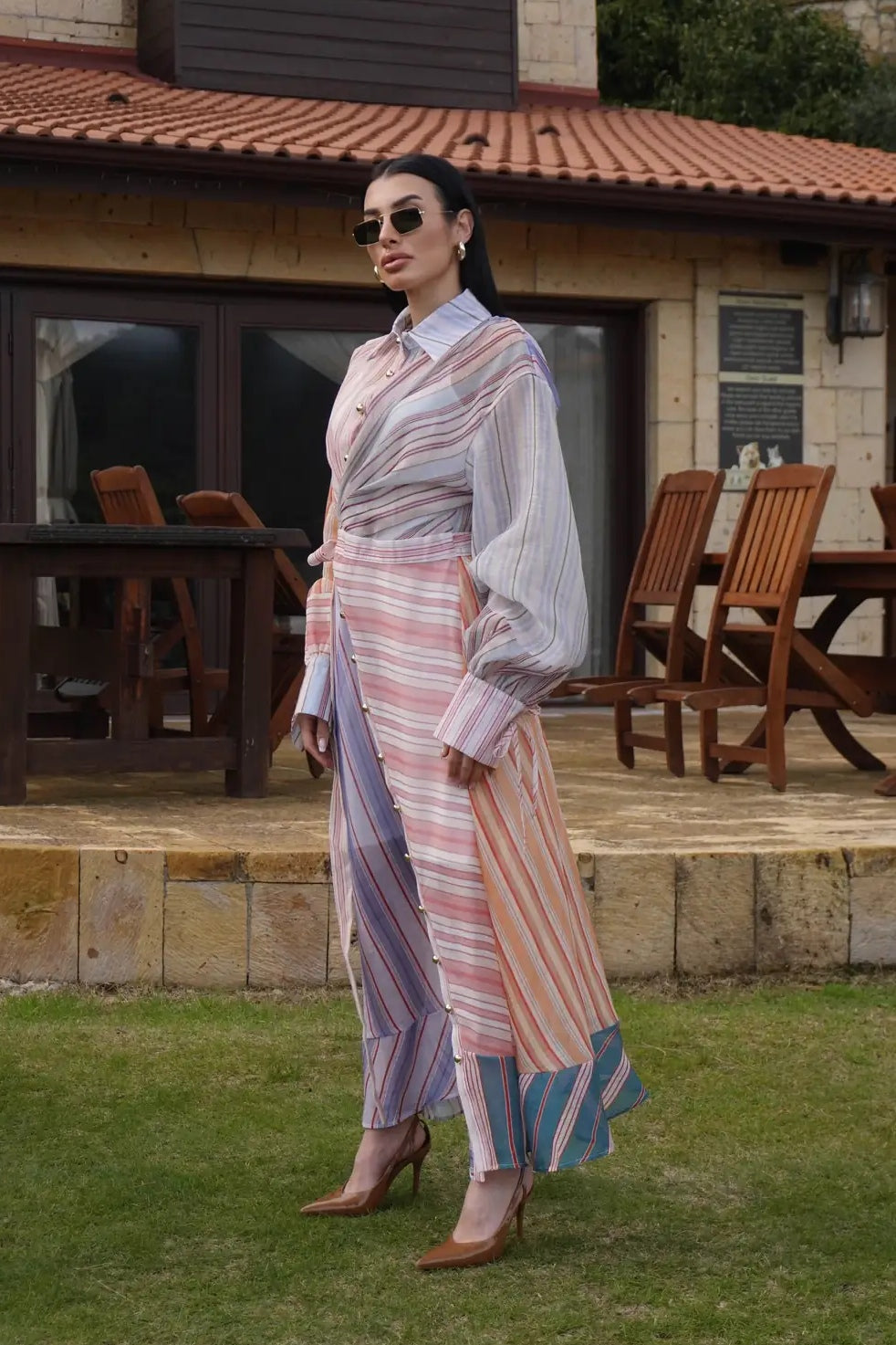 Stripe Button Down Lantern Sleeve Dress