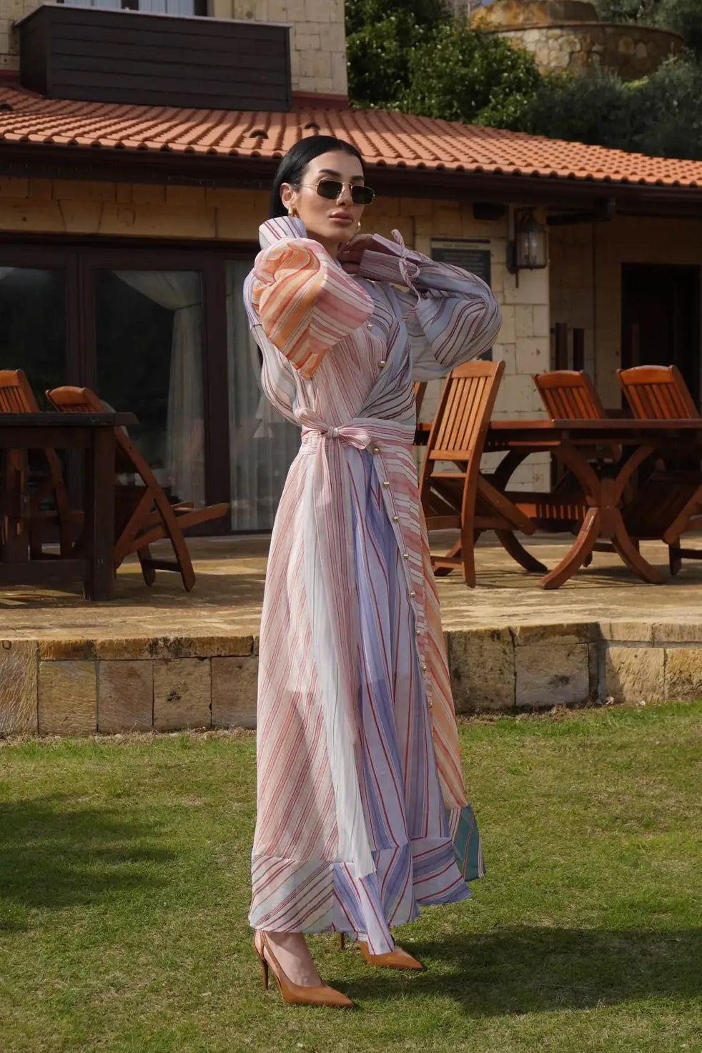 Stripe Button Down Lantern Sleeve Dress