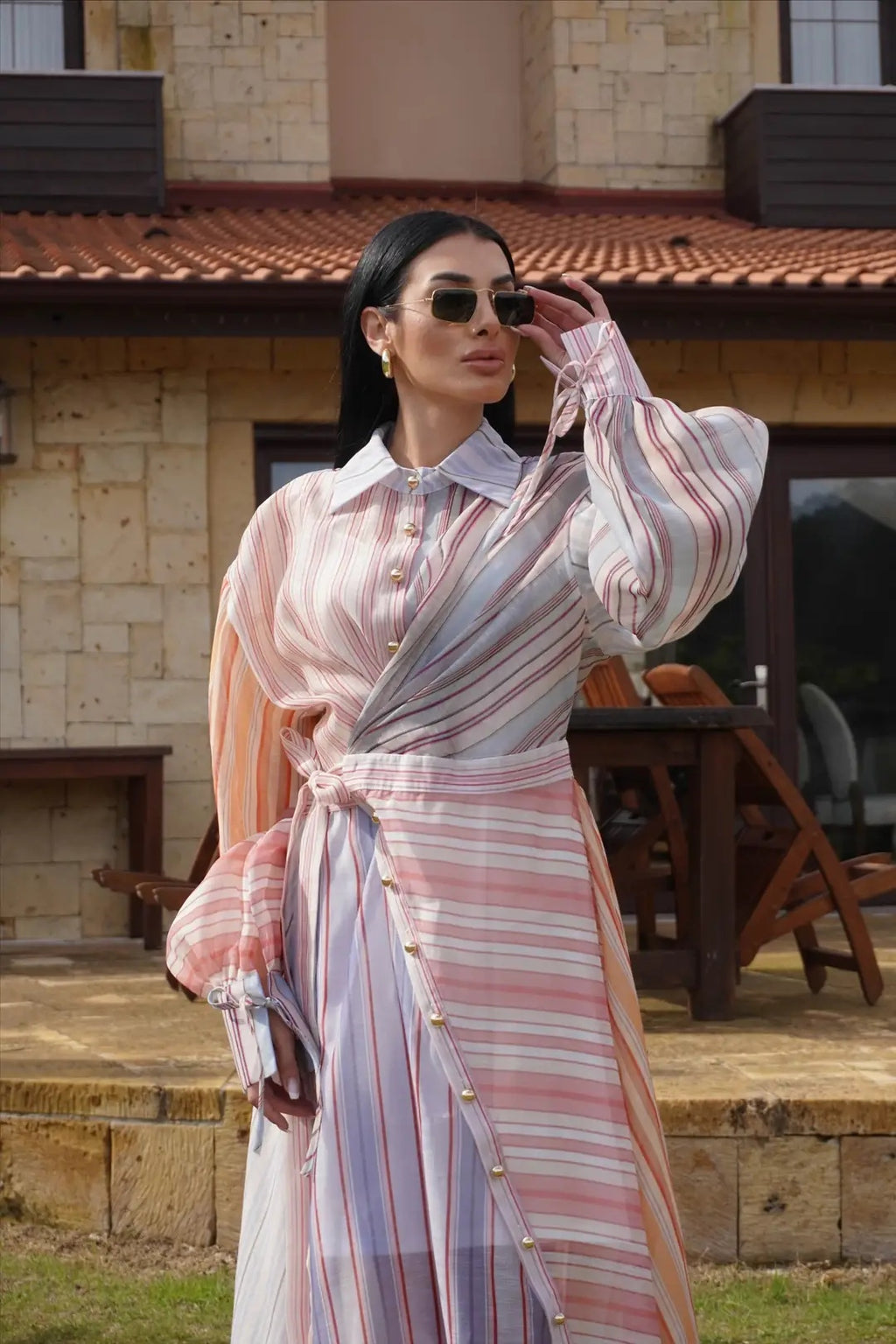 Stripe Button Down Lantern Sleeve Dress