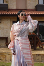Stripe Button Down Lantern Sleeve Dress