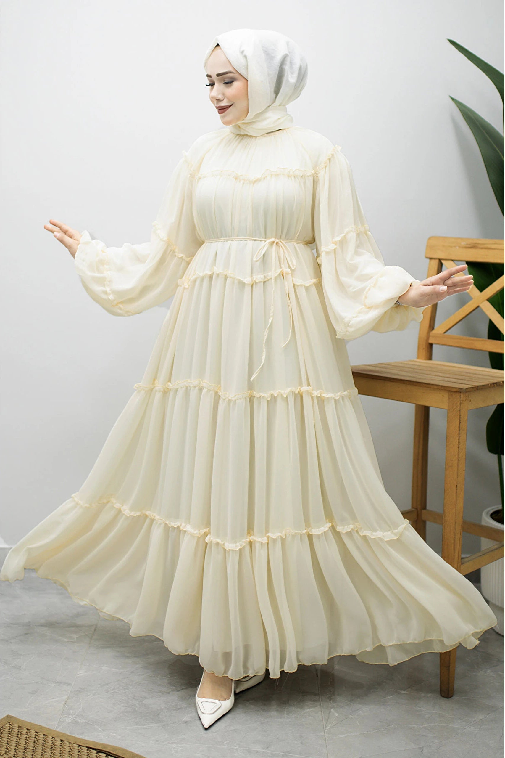Tiered Ruffle Chiffon Maxi Dress-Yellow