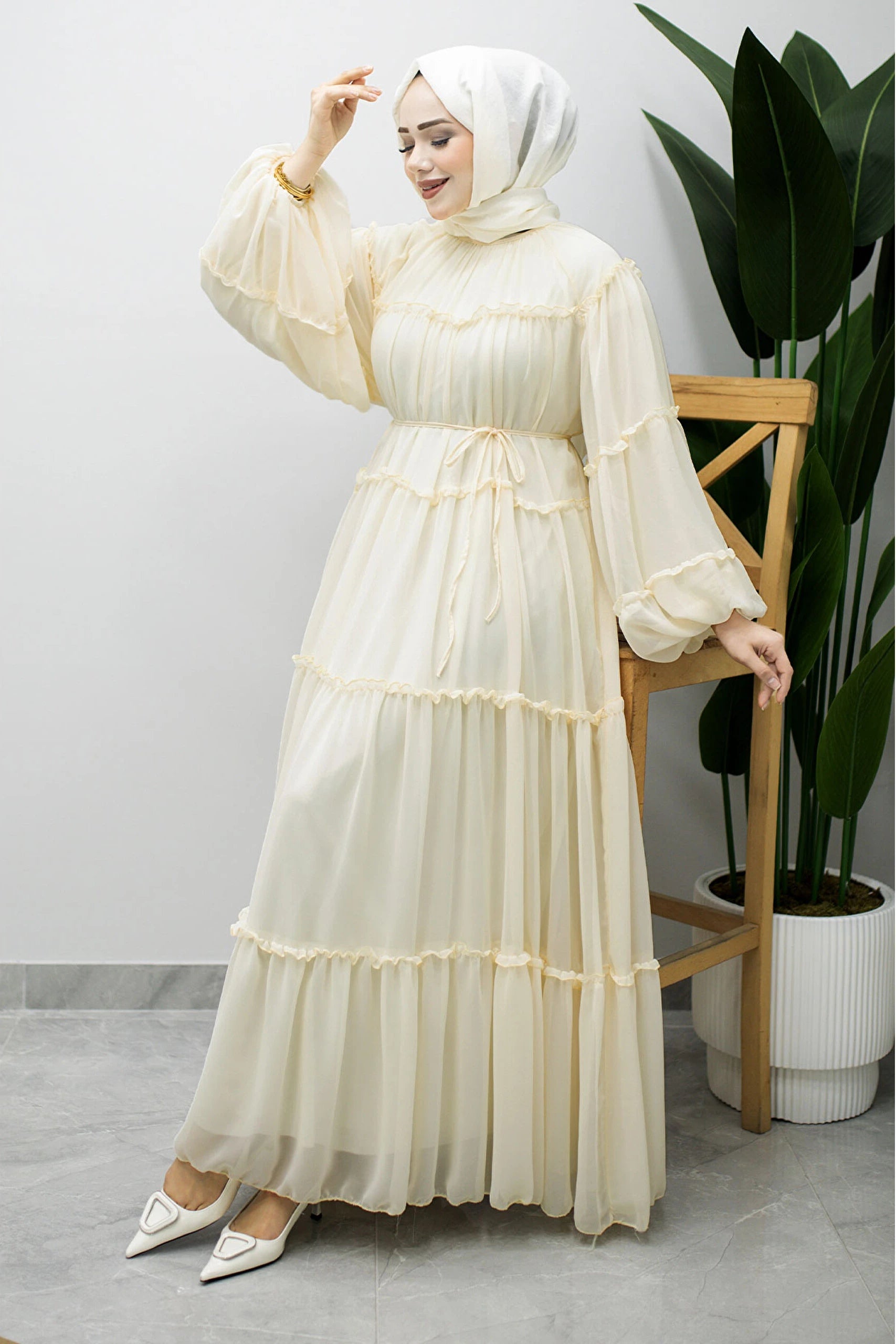 Tiered Ruffle Chiffon Maxi Dress-Yellow