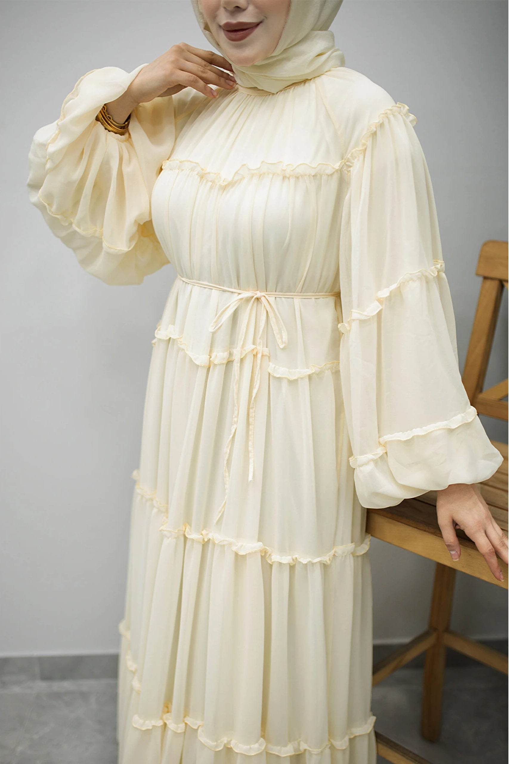 Tiered Ruffle Chiffon Maxi Dress-Yellow