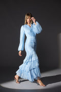 Mia Ruffle Neck Ruched Tiered Midi Dress-Blue