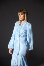 Mia Ruffle Neck Ruched Tiered Midi Dress-Blue