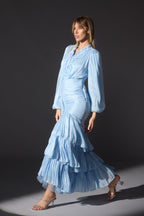 Mia Ruffle Neck Ruched Tiered Midi Dress-Blue