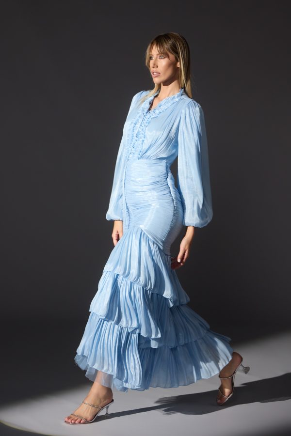 Mia Ruffle Neck Ruched Tiered Midi Dress-Blue