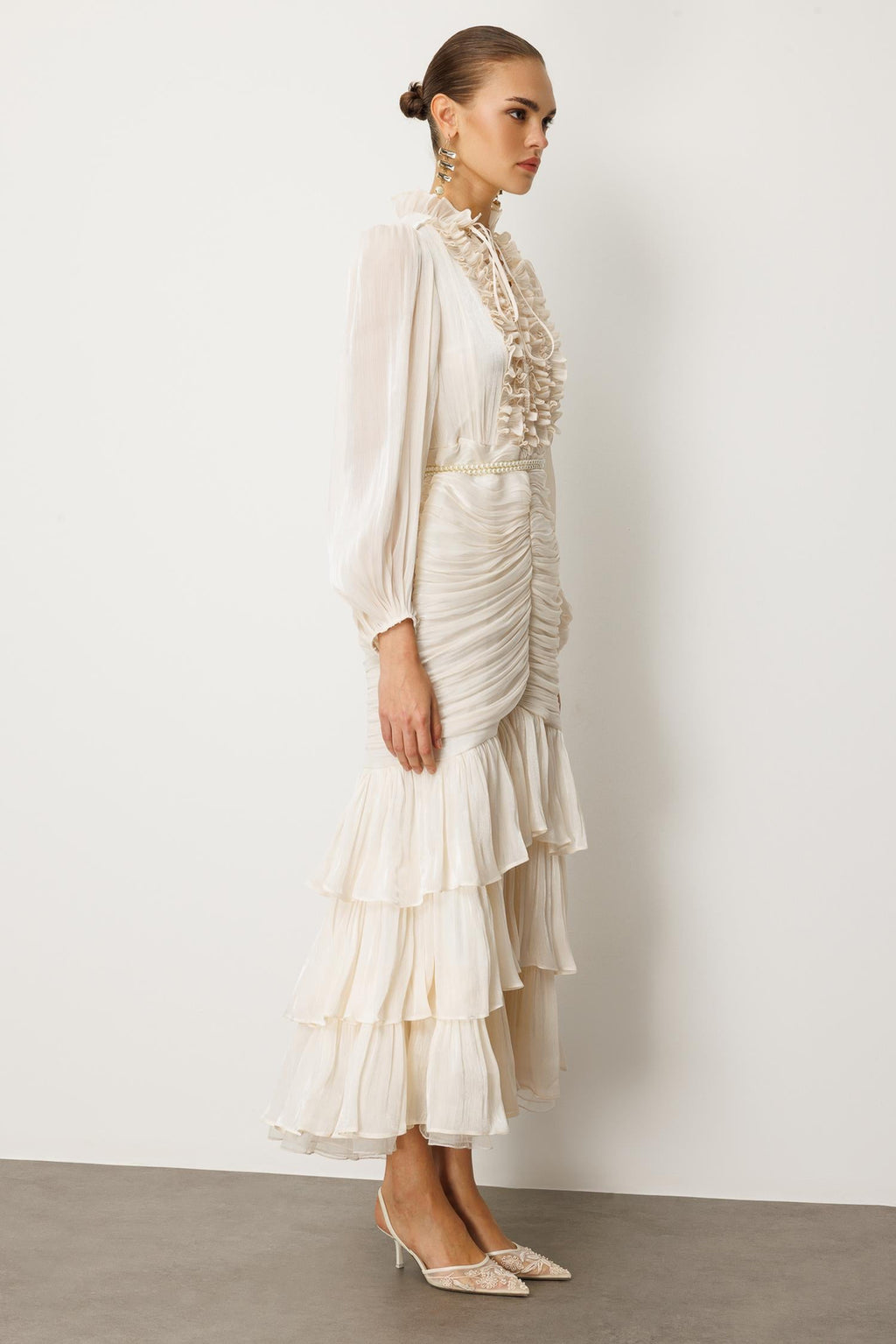 Elowen Ruffle Tie Neck Ruched Midi-White