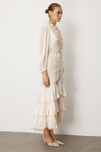Elowen Ruffle Tie Neck Ruched Midi-White
