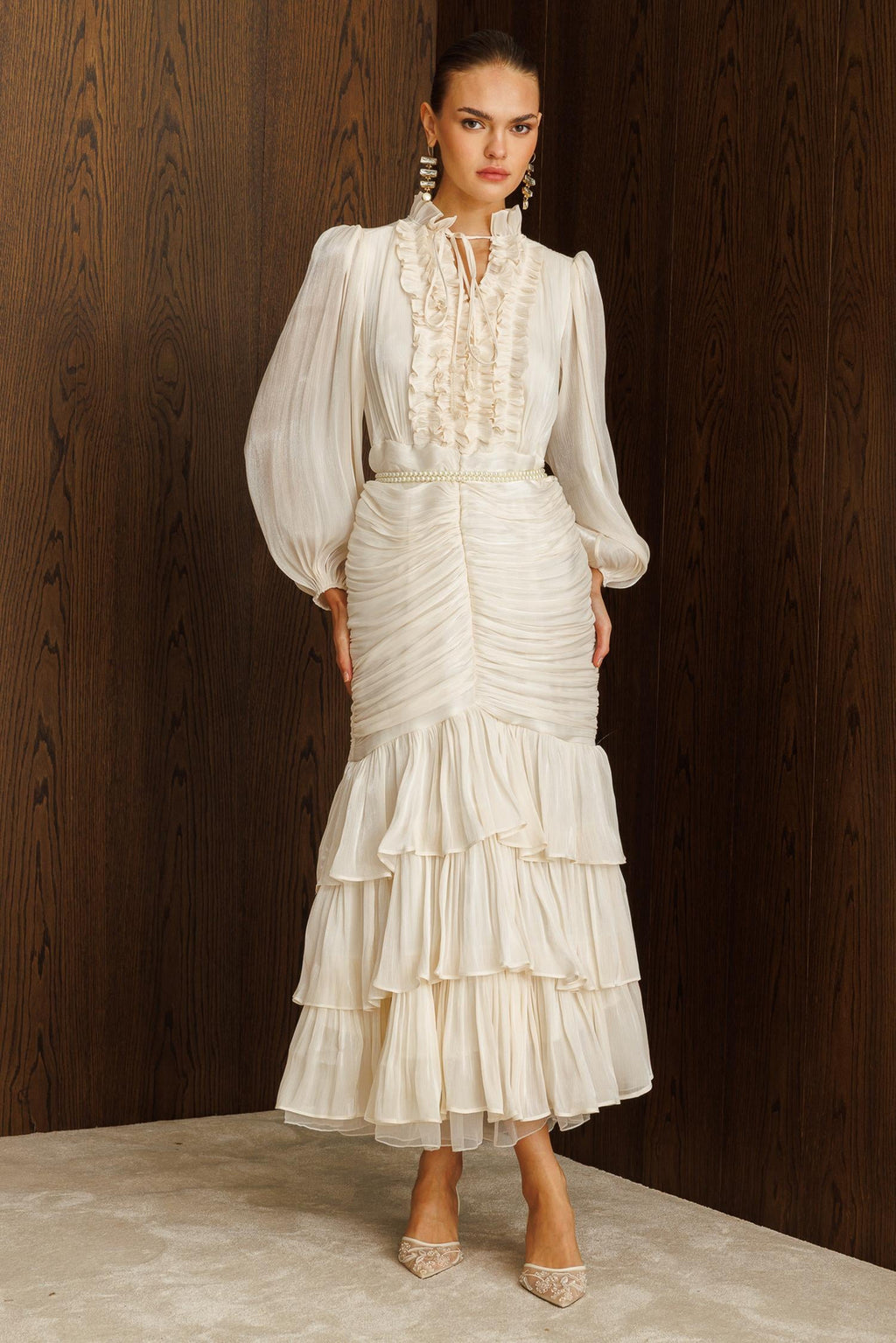 Elowen Ruffle Tie Neck Ruched Midi-White