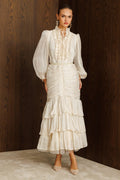 Elowen Ruffle Tie Neck Ruched Midi-White