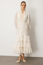 Elowen Ruffle Tie Neck Ruched Midi-White