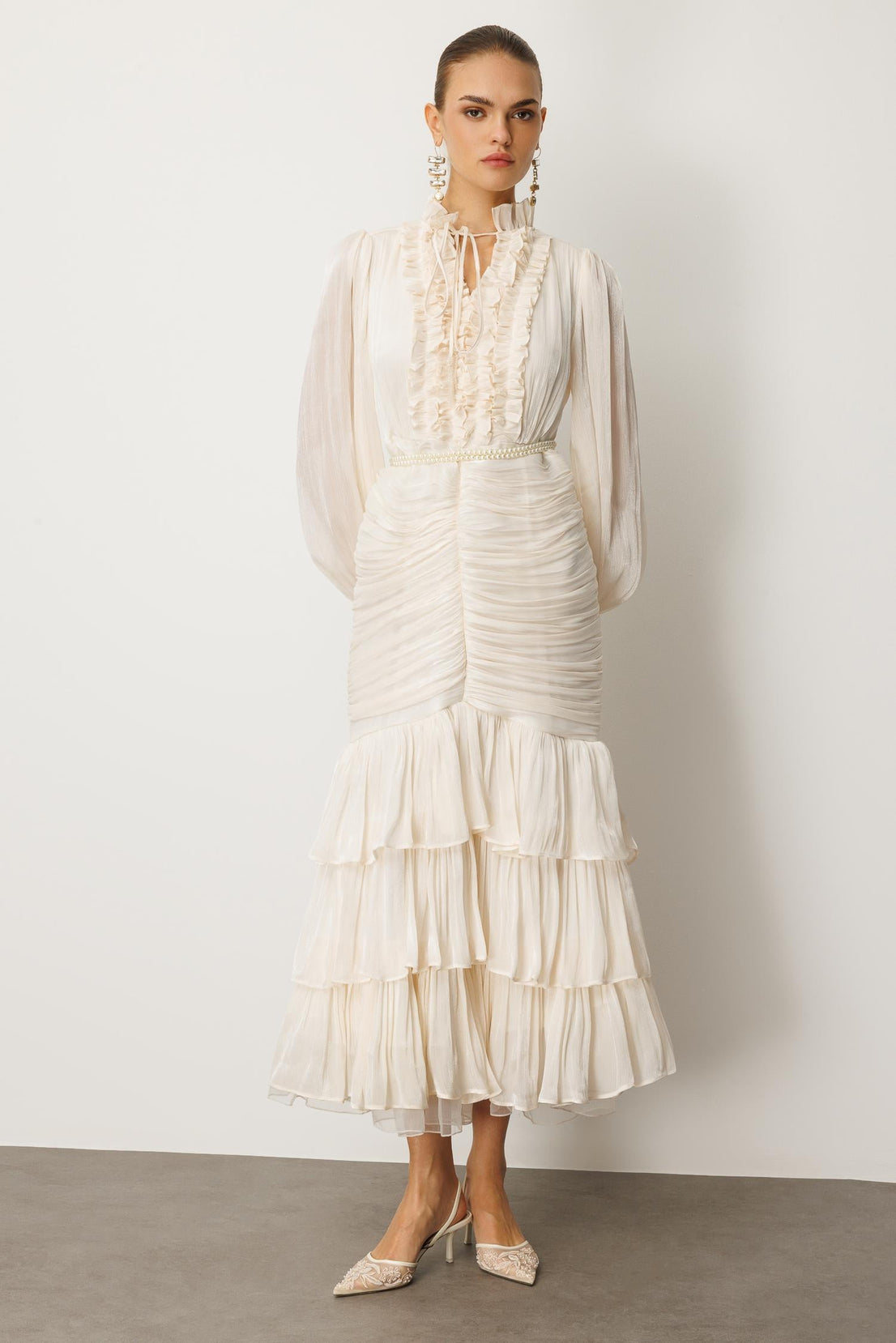 Elowen Ruffle Tie Neck Ruched Midi-White