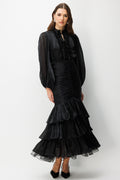 Elowen Ruffle Tie Neck Ruched Midi-Black