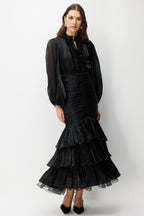 Elowen Ruffle Tie Neck Ruched Midi-Black