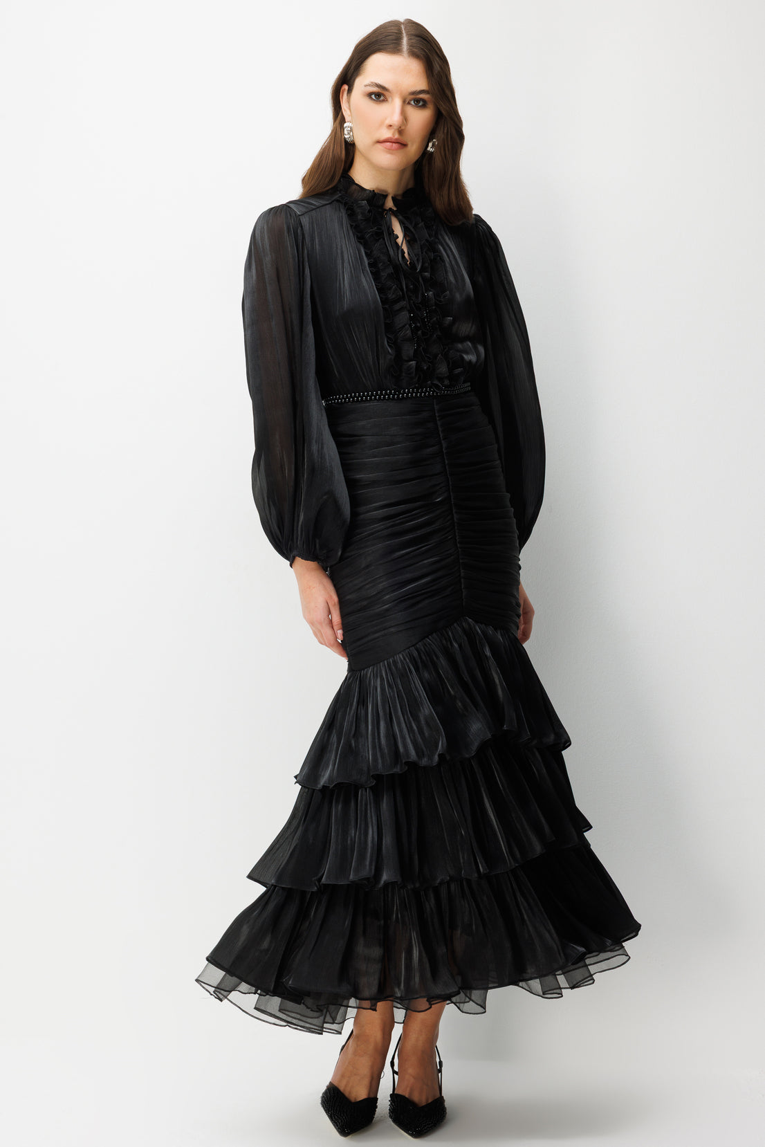 Elowen Ruffle Tie Neck Ruched Midi-Black