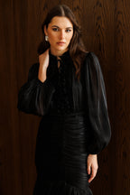 Elowen Ruffle Tie Neck Ruched Midi-Black