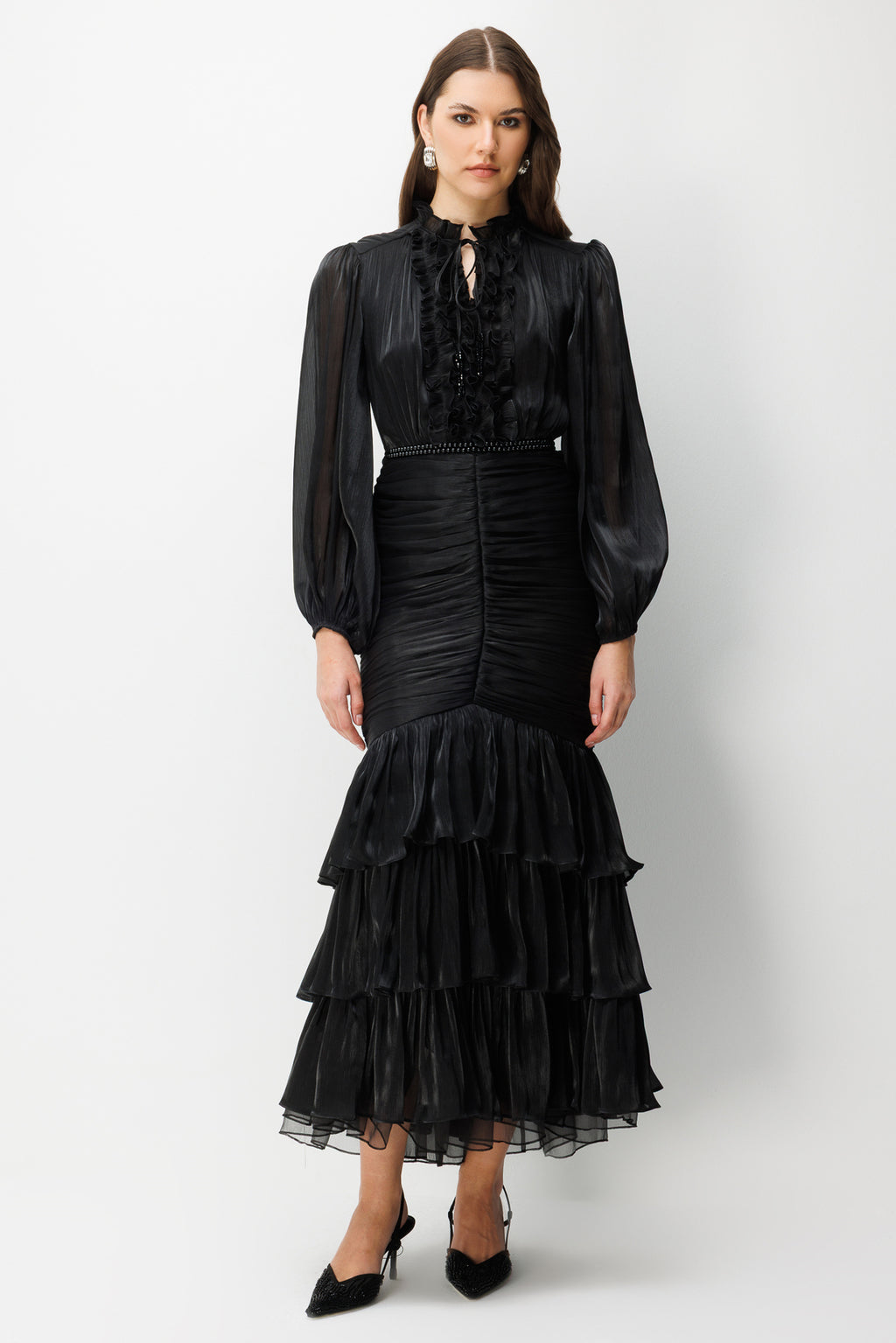 Elowen Ruffle Tie Neck Ruched Midi-Black