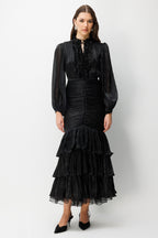 Elowen Ruffle Tie Neck Ruched Midi-Black