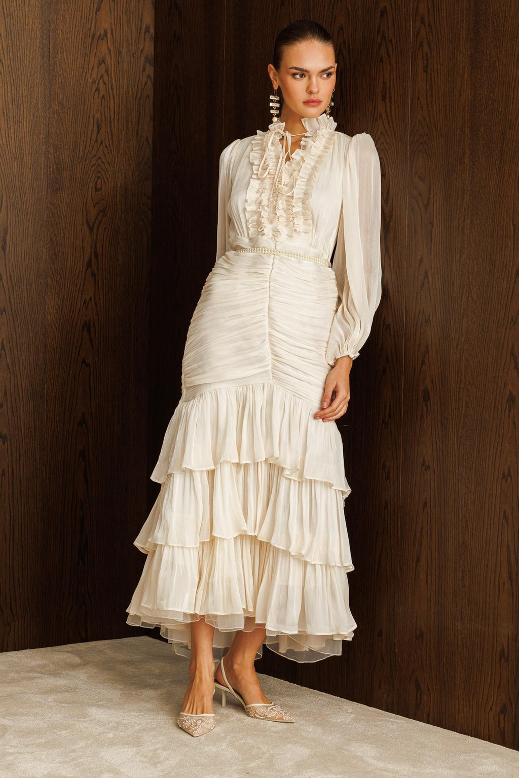 Elowen Ruffle Tie Neck Ruched Midi-White