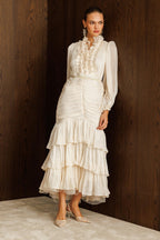 Elowen Ruffle Tie Neck Ruched Midi-White