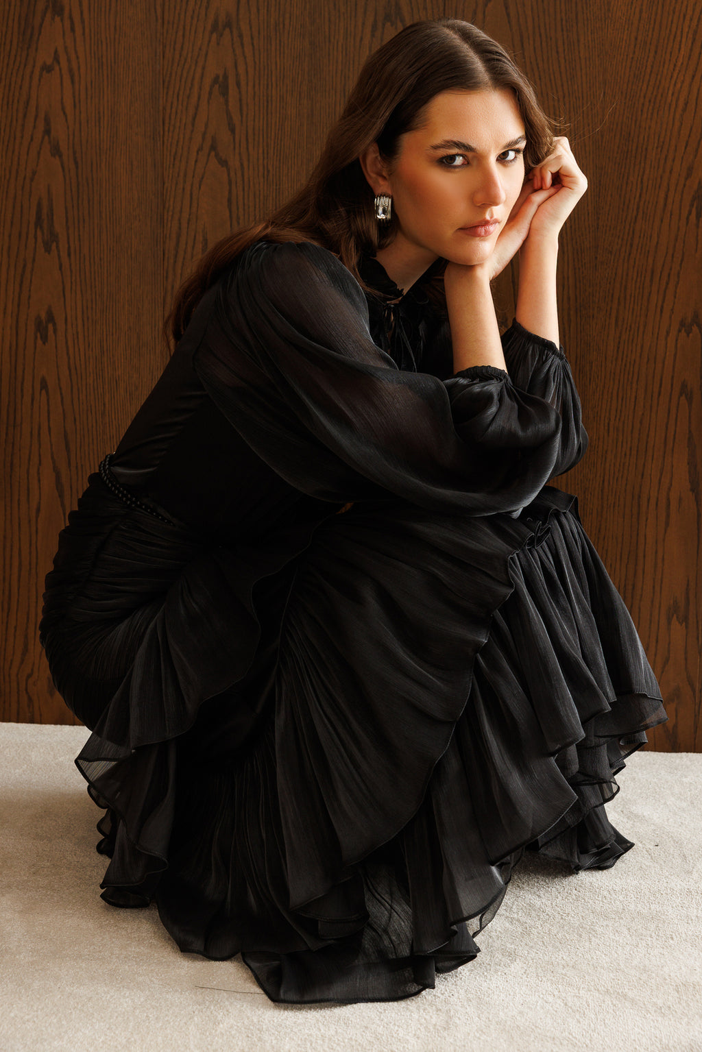 Elowen Ruffle Tie Neck Ruched Midi-Black