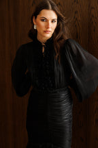 Elowen Ruffle Tie Neck Ruched Midi-Black