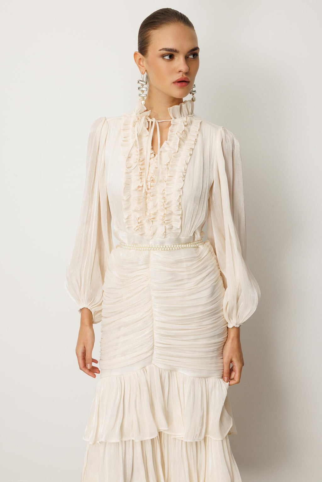 Elowen Ruffle Tie Neck Ruched Midi-White