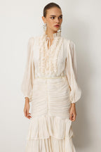 Elowen Ruffle Tie Neck Ruched Midi-White