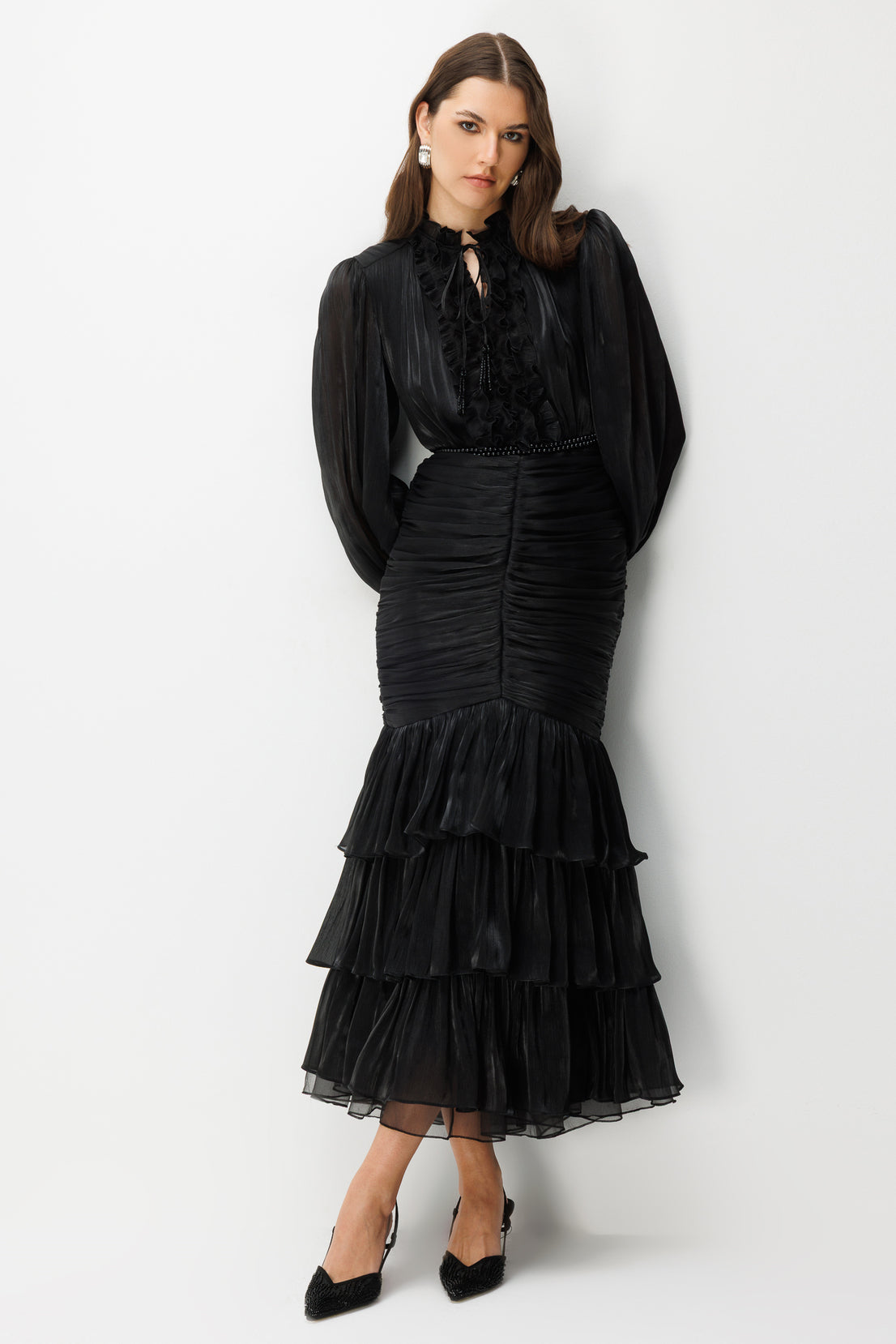 Elowen Ruffle Tie Neck Ruched Midi-Black