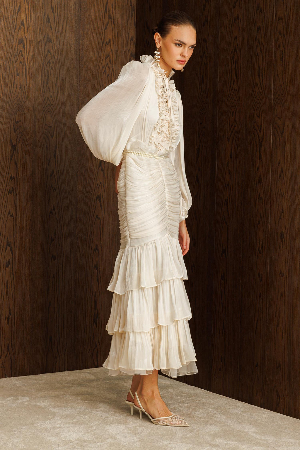 Elowen Ruffle Tie Neck Ruched Midi-White